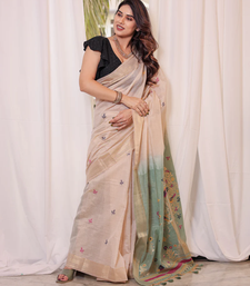 Rama Muga Cotton Blend Jamdani Style Thread work Design Saree With Blouse