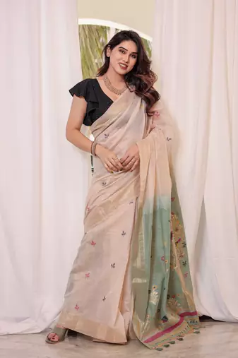 Rama Muga Cotton Blend Jamdani Style Thread work Design Saree With Blouse