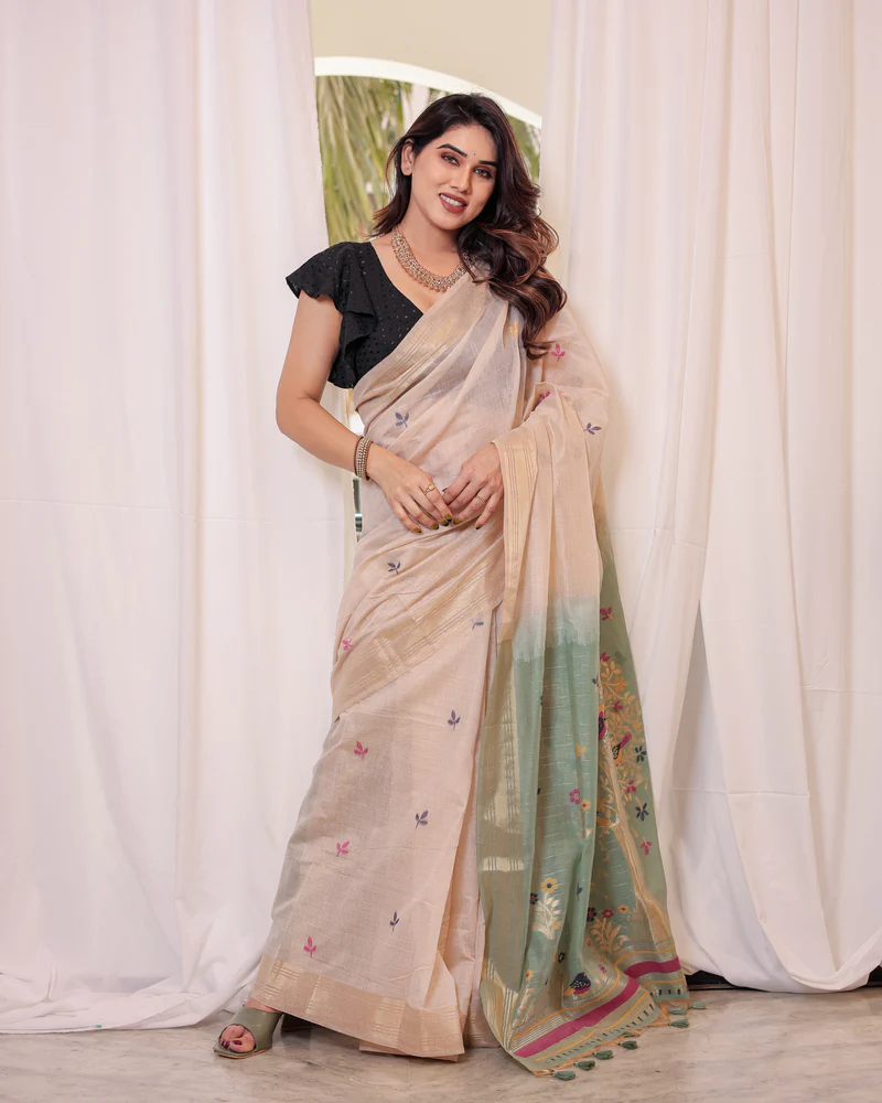 Rama Muga Cotton Blend Jamdani Style Thread work Design Saree With Blouse