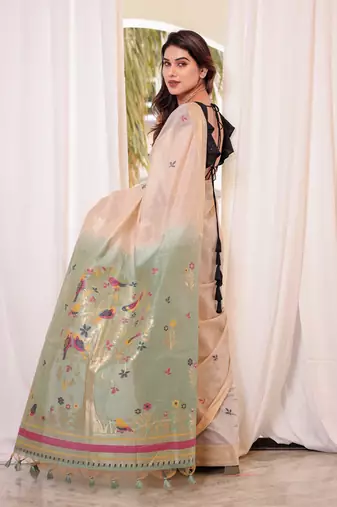 Rama Muga Cotton Blend Jamdani Style Thread work Design Saree With Blouse