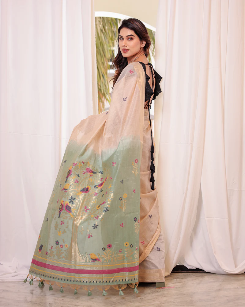 Rama Muga Cotton Blend Jamdani Style Thread work Design Saree With Blouse