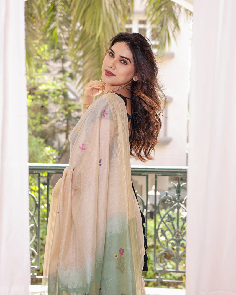 Rama Muga Cotton Blend Jamdani Style Thread work Design Saree With Blouse