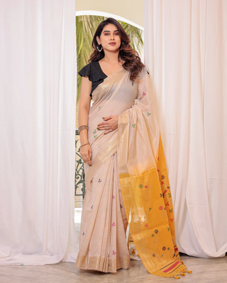 Yellow Muga Style Cotton Blend Thread Border & Pallu Saree With Blouse 1