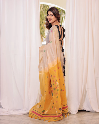 Yellow Muga Style Cotton Blend Thread Border & Pallu Saree With Blouse 3