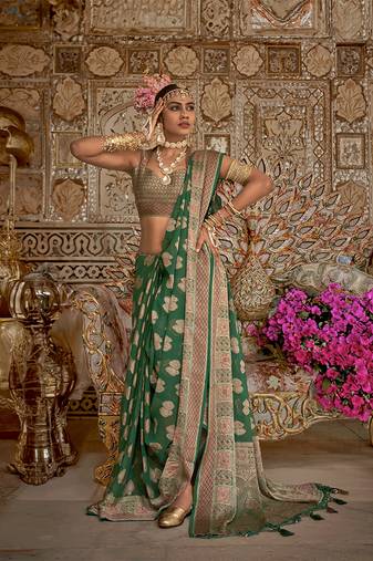 Border work georgette weaving zari green saree