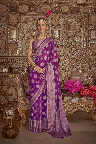 Border work georgette weaving zari purple saree