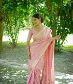 Baby Pink silk Blend Banarasi Style Golden all over lining  & Border saree with Blouse
