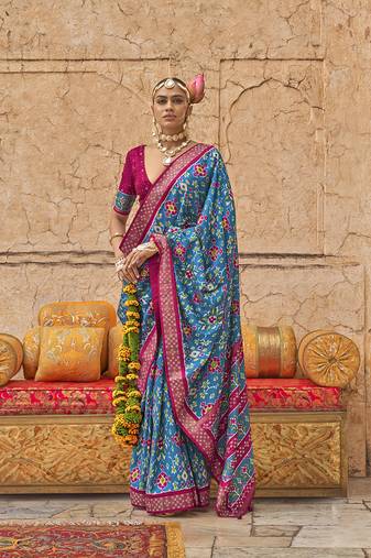 Viscose silk Blend blue printed classic saree