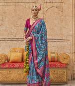 Viscose silk Blend blue printed classic saree