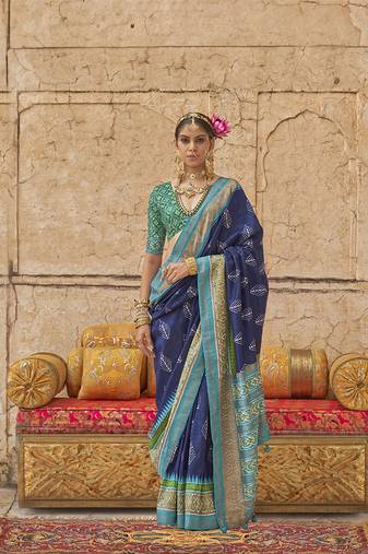 Viscose silk Blend navy blue printed classic saree