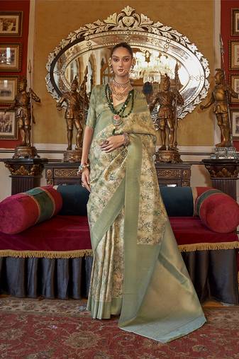 Cream and light green tussar silk digital print zari border contemporary saree