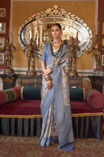 Grey and blue tussar silk digital print zari border contemporary saree
