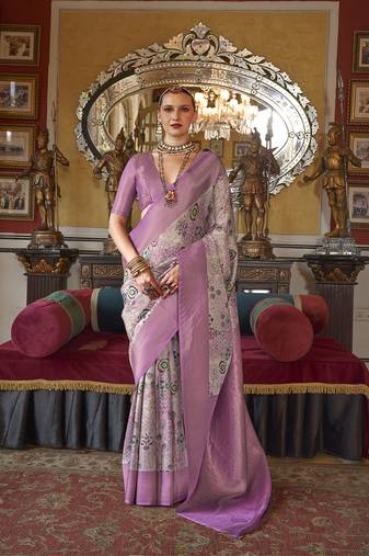 Mauve tussar silk digital print zari border contemporary saree