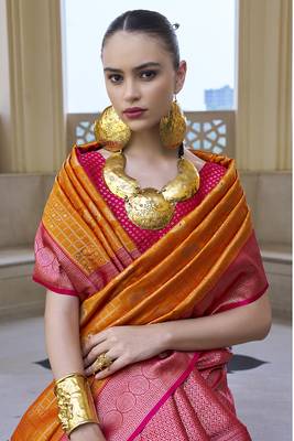 Banarasi silk blend weaving orange saree 2
