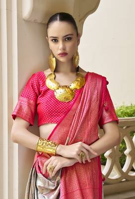 Banarasi silk blend weaving light grey saree 2