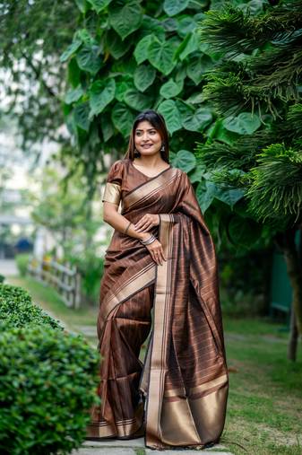 Brown silk Blend Banarasi Style Golden all over lining  & Border saree with Blouse