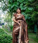 Brown silk Blend Banarasi Style Golden all over lining  & Border saree with Blouse