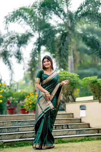 Green silk Blend Banarasi Style Golden all over lining  & Border saree with Blouse