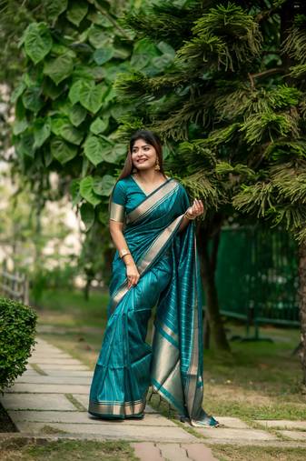 Teal silk Blend Banarasi Style Golden all over lining  & Border saree with Blouse