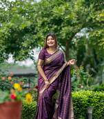 Purple silk Blend Banarasi Style Golden all over lining  & Border saree with Blouse