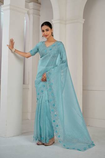 Designer sky blue sequence embroidery zarkan border organza saree