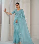 Designer sky blue sequence embroidery zarkan border organza saree