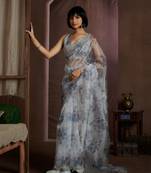 Designer grey heavy zarkan border work organza saree