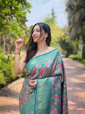 Teal Art Silk Weaving And Zari Work Saree,Blouse-not As Per Image 3