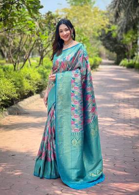 Teal Art Silk Weaving And Zari Work Saree,Blouse-not As Per Image 1