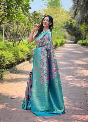 Teal Art Silk Weaving And Zari Work Saree,Blouse-not As Per Image 4