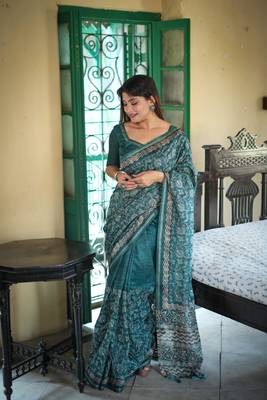 Teal Treaditional Attractive Bland Tussar Silk Batik Printed Saree With Blouse 1