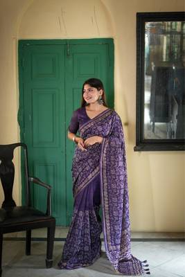 Purple Tussar Silk Saree With Printed Pallu And Floral Embroidery Work Border With Blouse 1