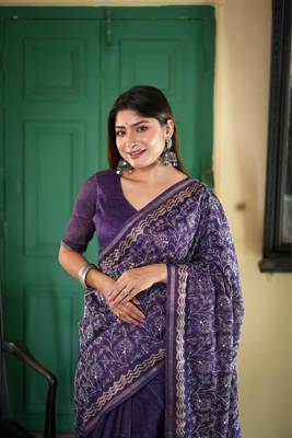 Purple Tussar Silk Saree With Printed Pallu And Floral Embroidery Work Border With Blouse 2
