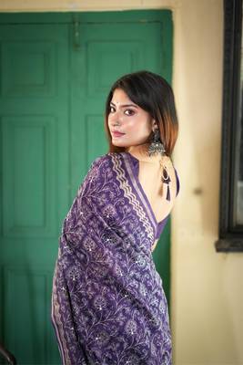 Purple Tussar Silk Saree With Printed Pallu And Floral Embroidery Work Border With Blouse 3