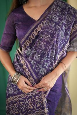 Purple Tussar Silk Saree With Printed Pallu And Floral Embroidery Work Border With Blouse 4