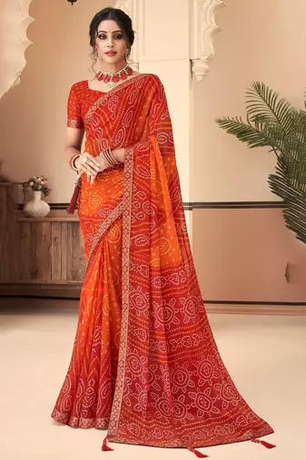 Orange maroon bandhani chiffon traditional dual shaded saree with blouse