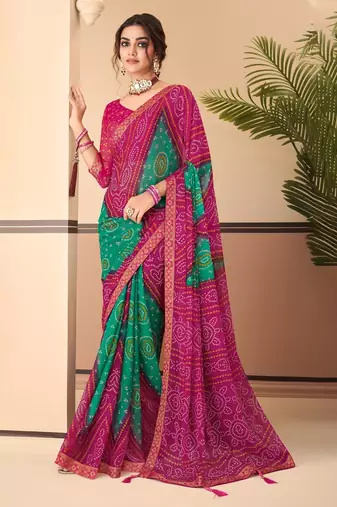 Magenta green bandhani chiffon traditional dual shaded saree with blouse