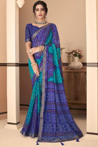 Blue bandhani chiffon traditional dual shaded saree with blouse