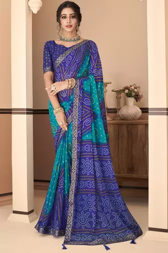Blue bandhani chiffon traditional dual shaded saree with blouse