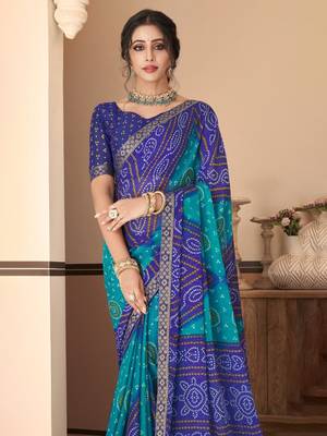 Blue bandhani chiffon traditional dual shaded saree with blouse 2