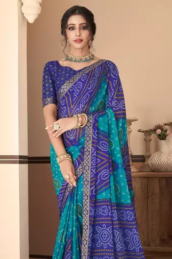 Blue bandhani chiffon traditional dual shaded saree with blouse
