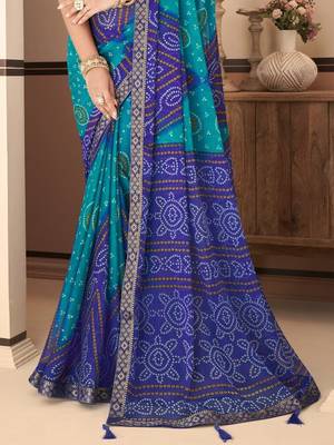Blue bandhani chiffon traditional dual shaded saree with blouse 3