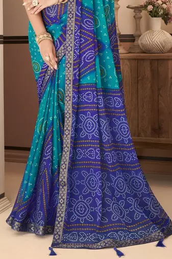 Blue bandhani chiffon traditional dual shaded saree with blouse