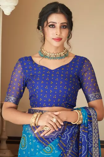 Blue bandhani chiffon traditional dual shaded saree with blouse