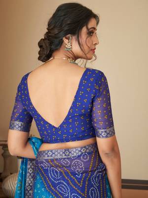 Blue bandhani chiffon traditional dual shaded saree with blouse 5