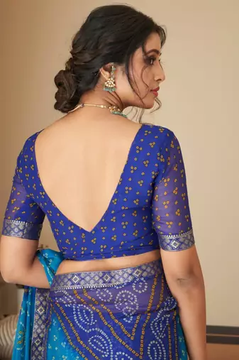 Blue bandhani chiffon traditional dual shaded saree with blouse