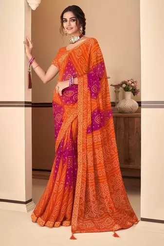 Orange bandhani chiffon traditional dual shaded saree with blouse