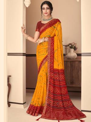 Yellow bandhani chiffon traditional dual shaded saree with blouse 1