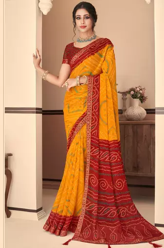 Yellow bandhani chiffon traditional dual shaded saree with blouse