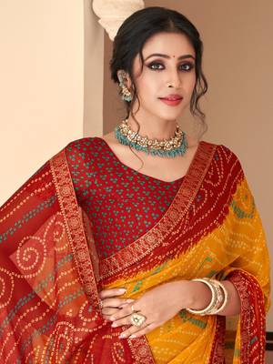 Yellow bandhani chiffon traditional dual shaded saree with blouse 2